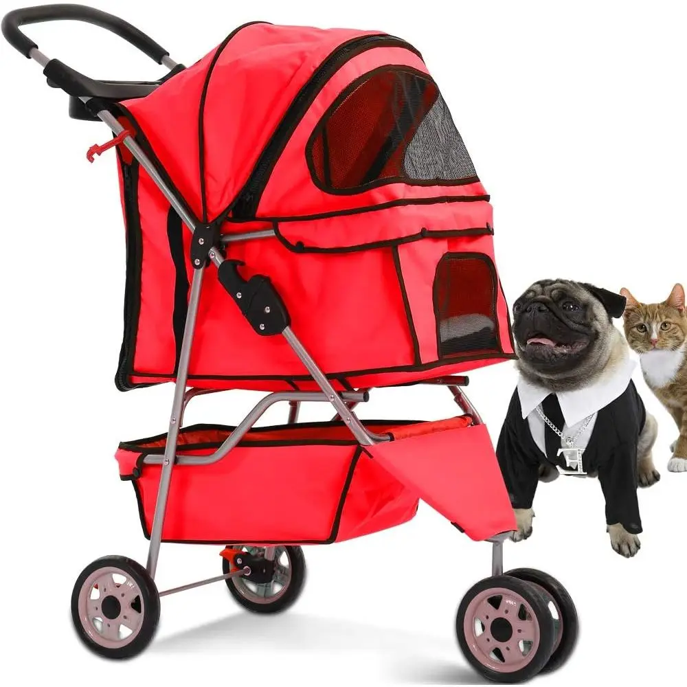 

Lightweight Foldable 3-Wheel Pet Stroller for Small to Medium Dogs and Cats with Breathable Mesh, Weather Cover, and Storage Bas