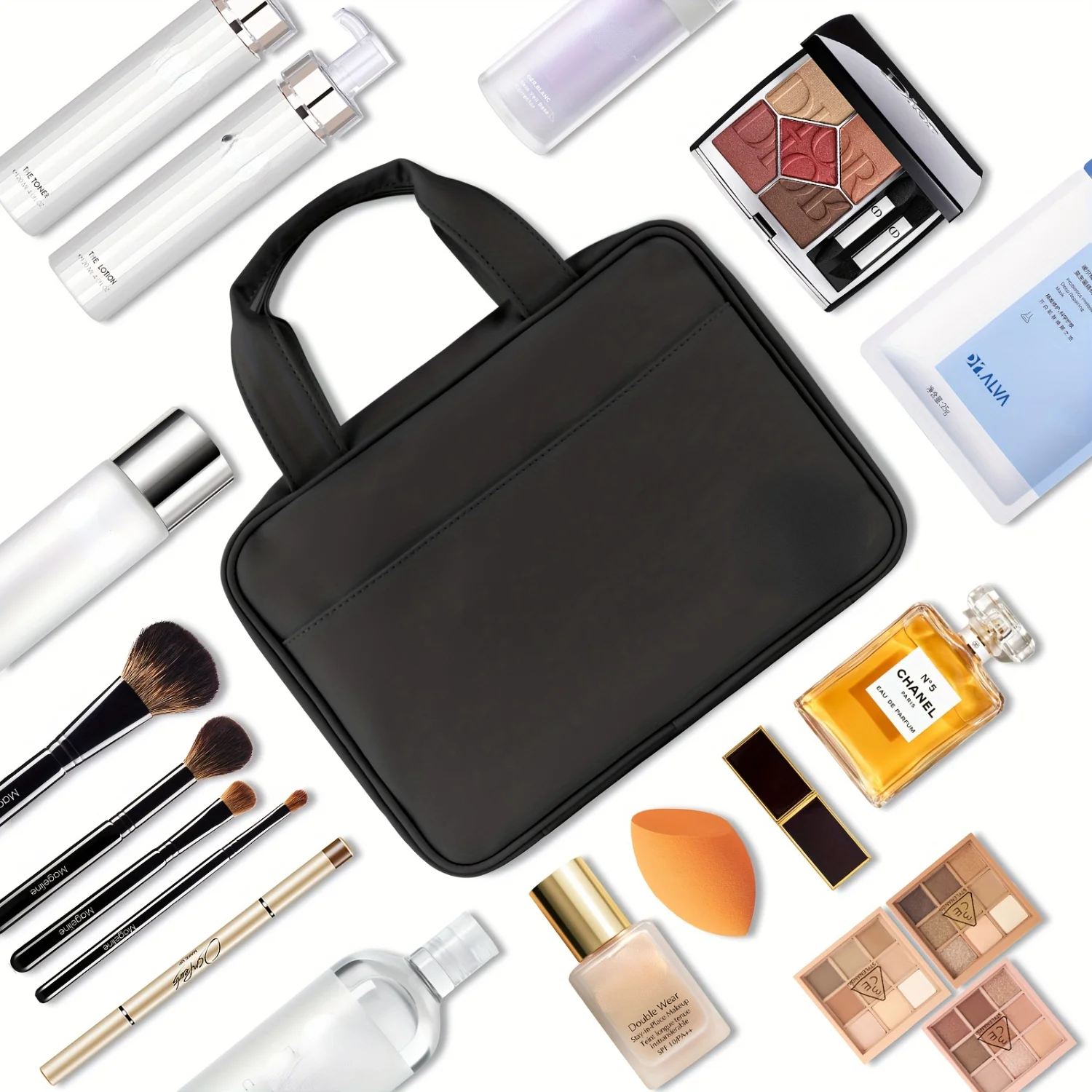 HZB-501 Handheld Makeup Bag - Sleek Black Design, Travel Size, Water-Resistant - On-The-Go Beauty Essentials