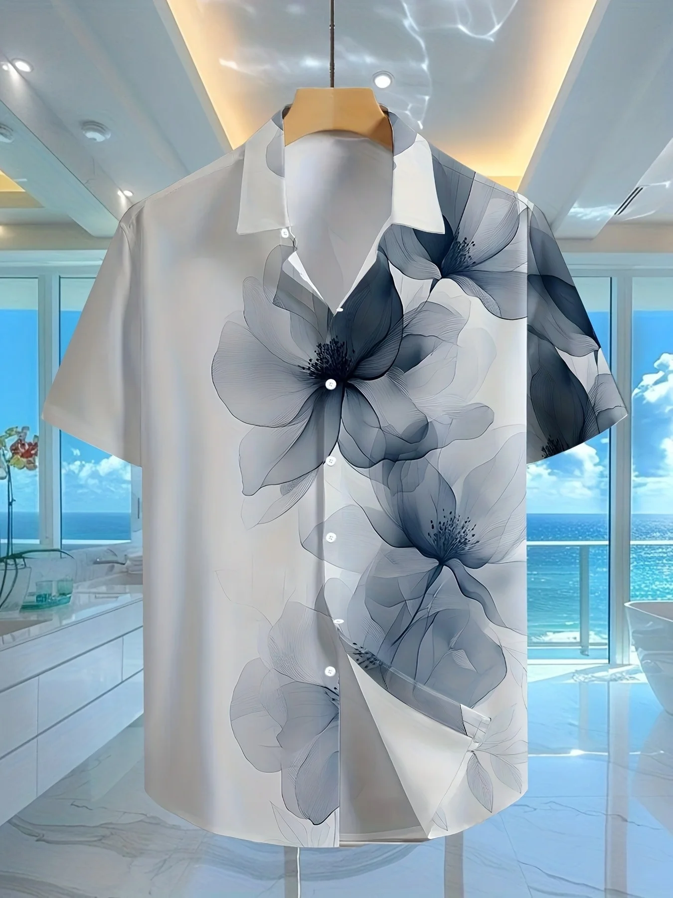 Men's Shirt Grey Transparent Floral Print Short Sleeve Lapel Button Shirts Summer Beach Vacation Casual Tops Men Clothing