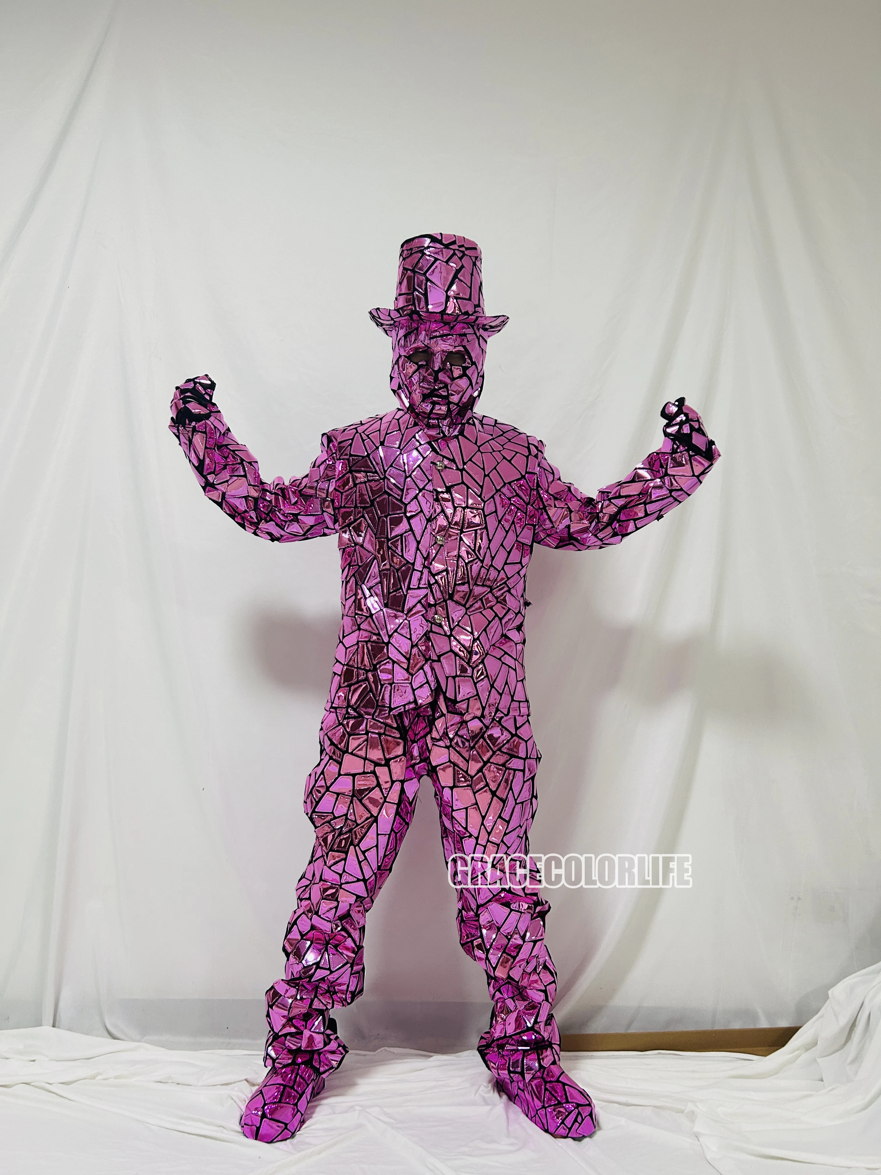 光沢のあるピンクのミラーメンズ仮面舞踏会コスチューム、ヒップホップダンスクルーコスチューム、バーステージパフォーマンス衣装、ホリデーパーティーコスチューム