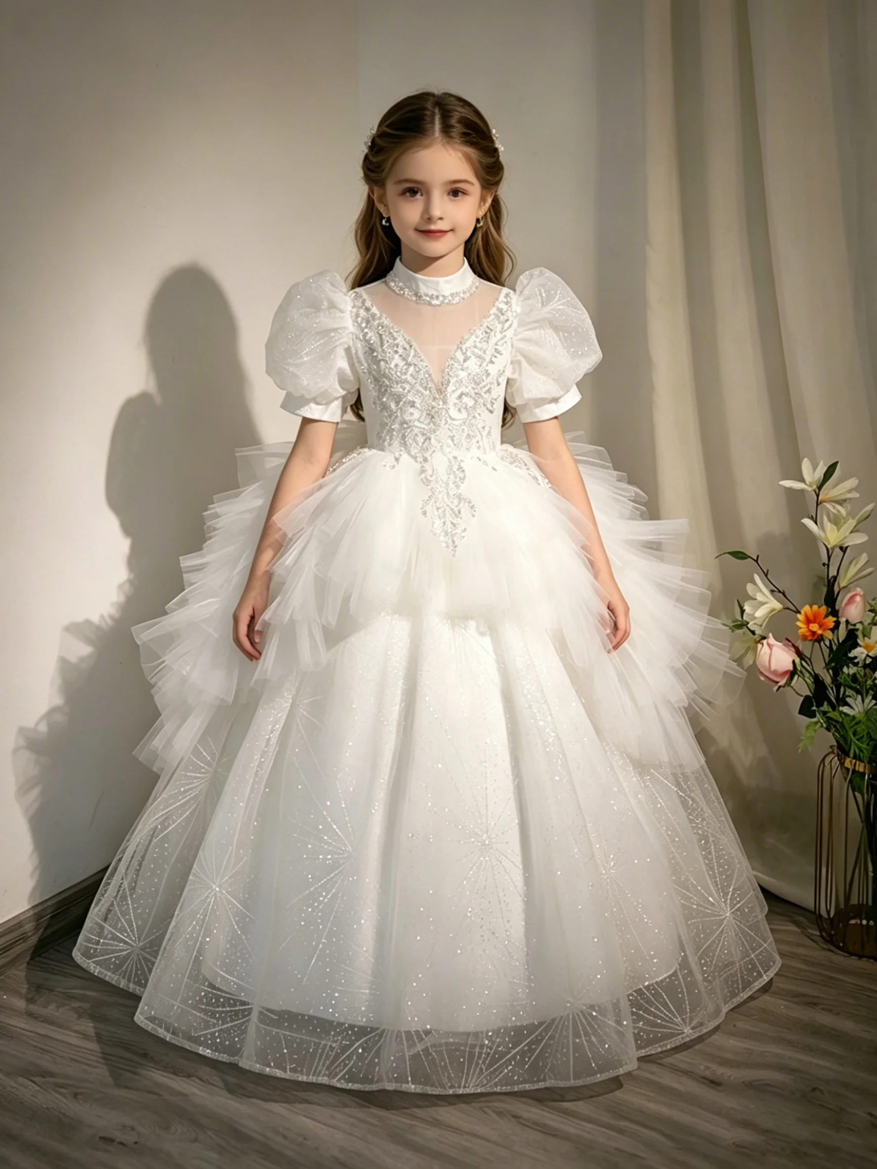 Kids Girls White Princess Dress Flower Girl Wedding Gown Birthday Party Host Piano Performance Pageant Formal Wear Children