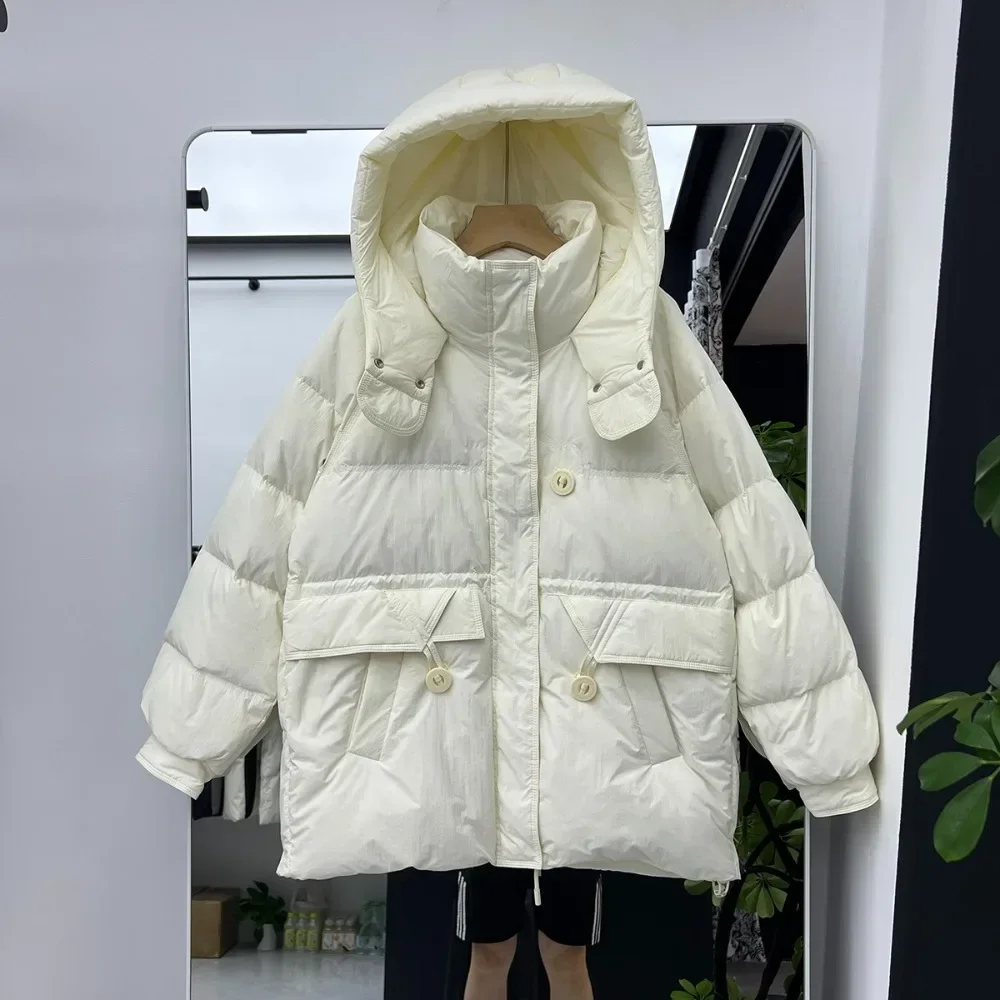 

Осень-зима, новая верхняя одежда средней длины, женское пальто на белом утином пуху с капюшоном, женская модная теплая толстая куртка-пуховик