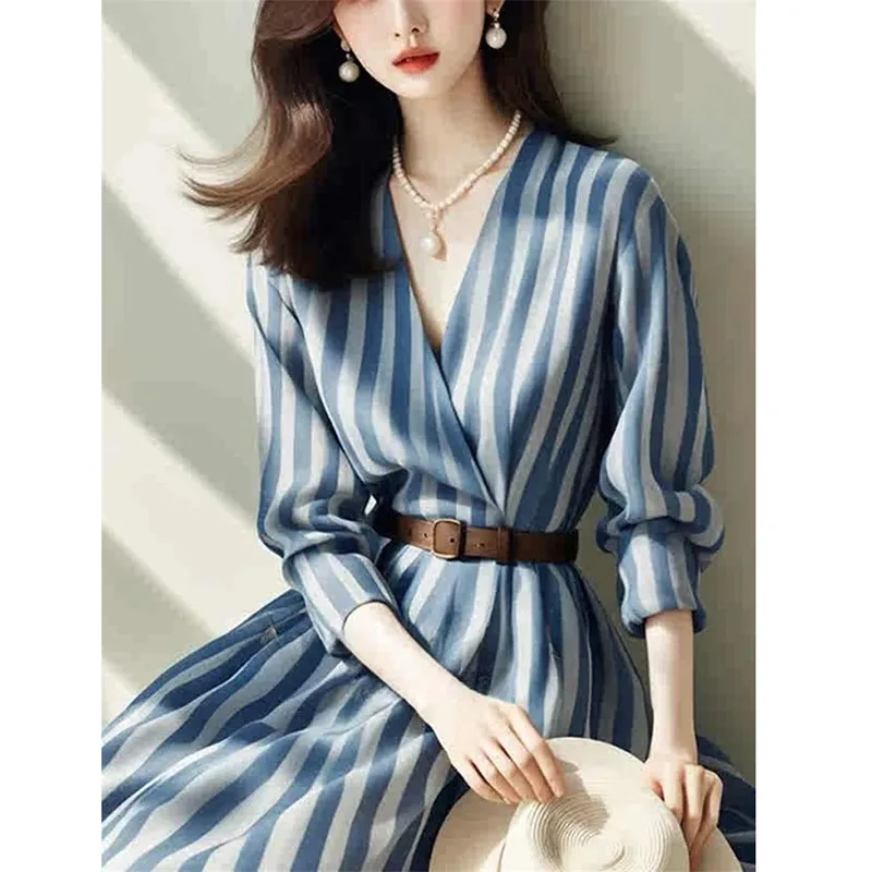 

Beautiful V-neck Waist Cinched Blue Striped Shirt Dress Women Spring Autumn Dress Korean Women Receive High Praise 2026 New