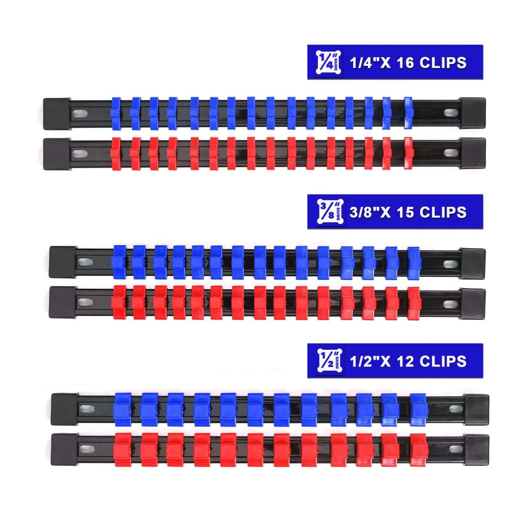 

6 Set 1/2" 3/8" 1/4" Socket Organizer Tool Holder Sleeve Socket Storage Rail Kit Holder Mountable Socket Organizer Rail Rack Set
