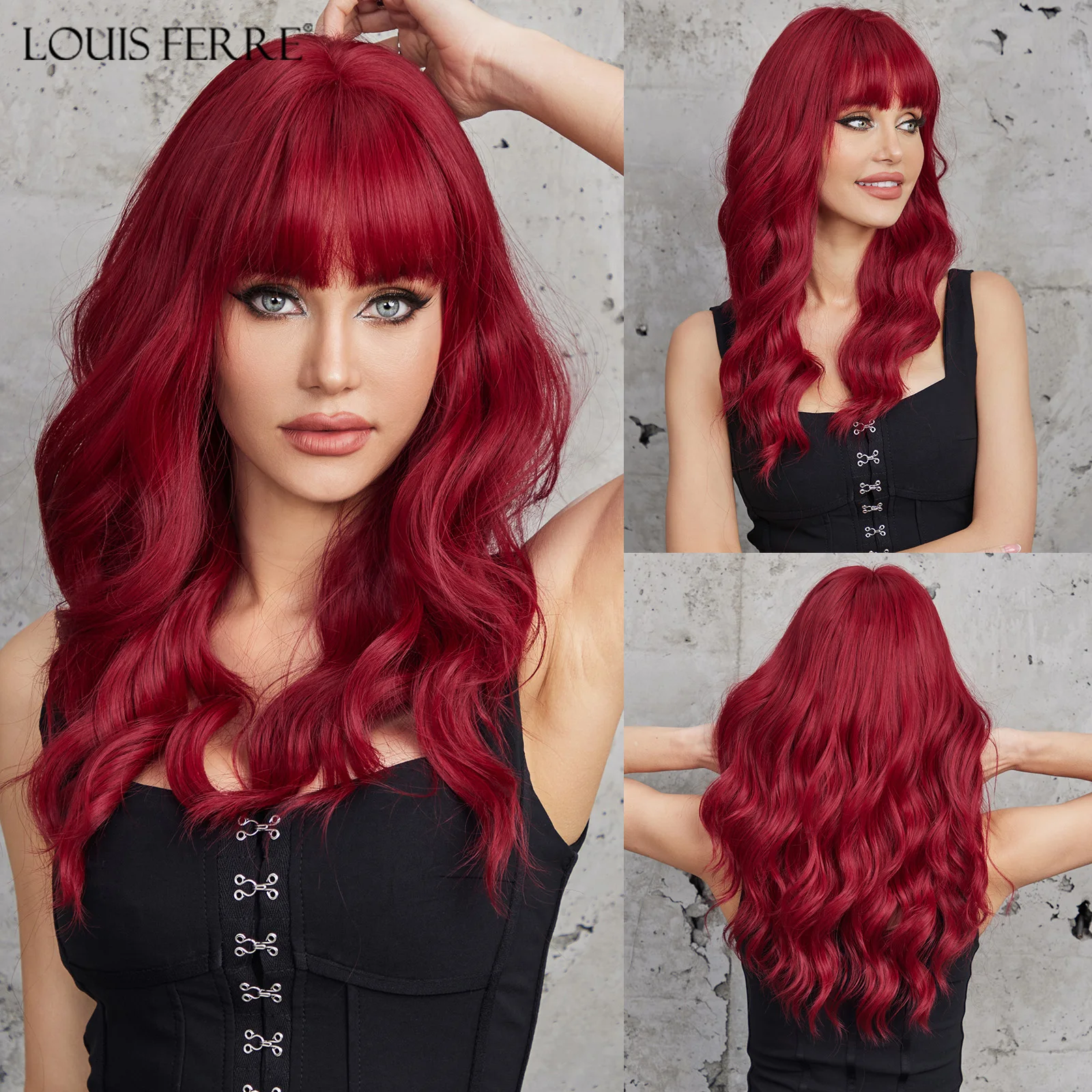 LOUIS FERRE Long Wavy Red Synthetic Wigs With Bangs Natural Red Women's Hair Cosplay Christmas Heat Resistant Fiber Wigs Hair