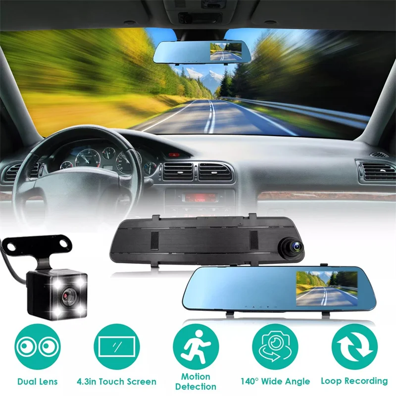 Mirror Dashcam Full HD Cycle Recording Car DVR Dash Camera 4.3 Inch Car Electronics Rear View Dual Lens 1080P&480P