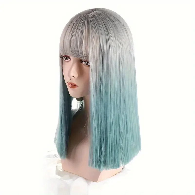 Silvery Green Lolita Style Short Straight Synthetic Wig With Bang Women's Heat Resistant Fiber for Cosplay Halloween Christmas