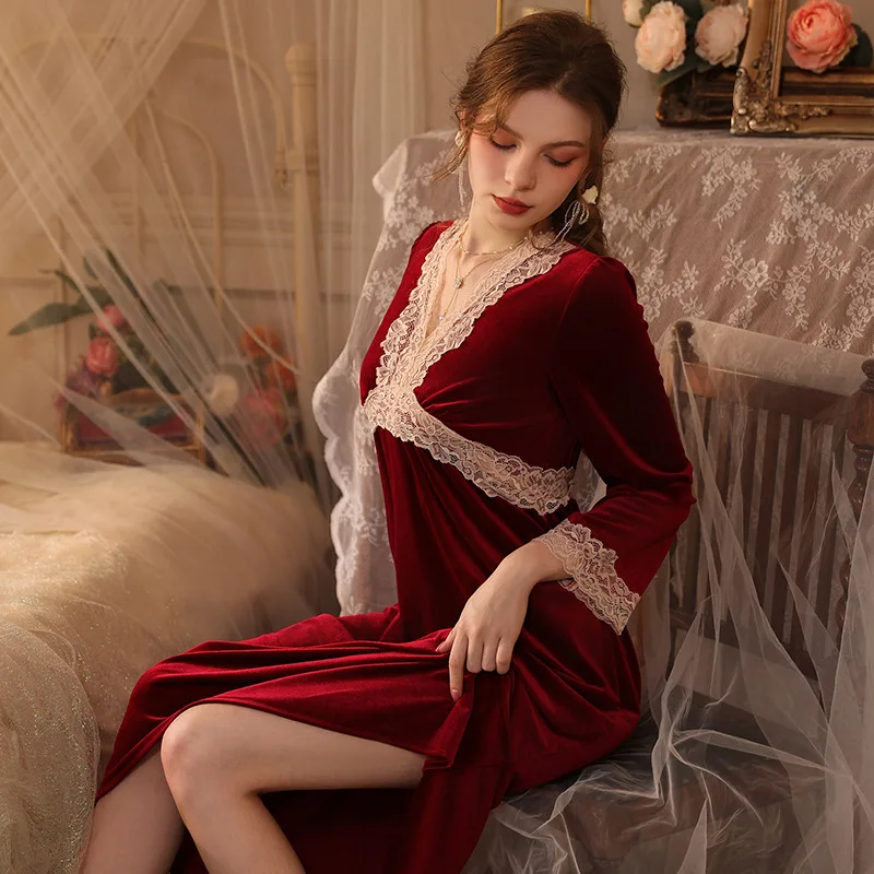 Elegant Nightdress Soft Velour Sleepwear Women Winter New Bathrobe Home Dress Loose Nightgown V-Neck Loungewear Velvet Homewear