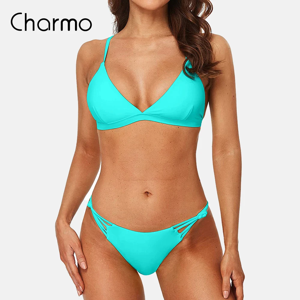 Charmo damskie trójkątne Bikini wysokie cięcie strój kąpielowy V Neck dwuczęściowy strój kąpielowy