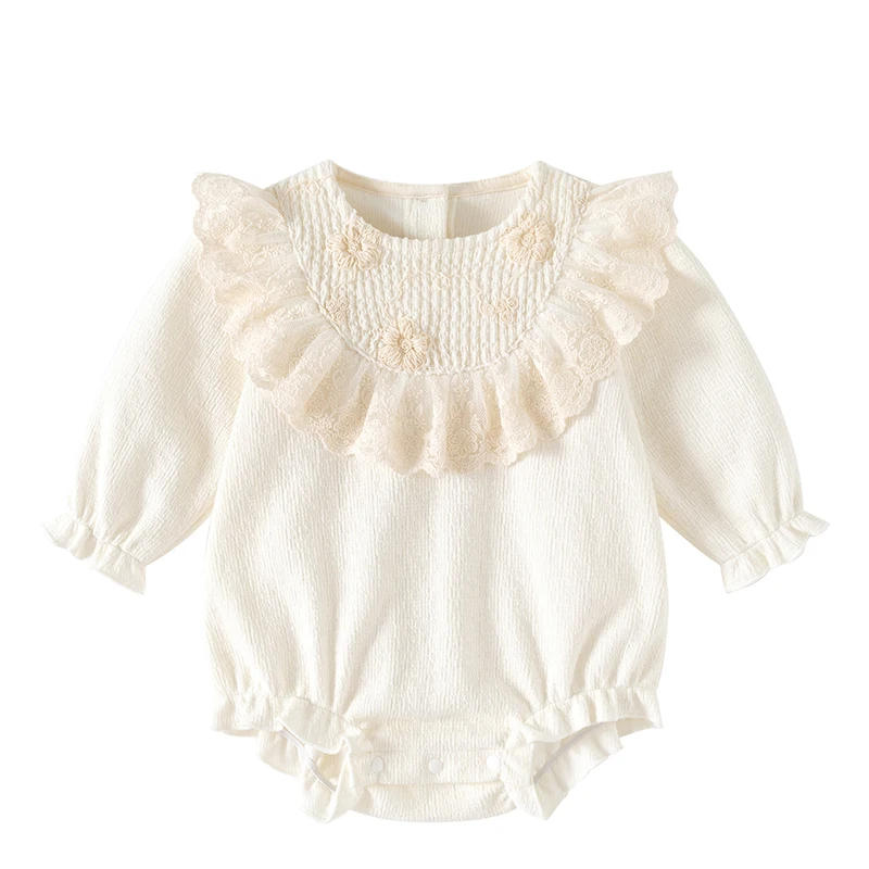 

2025 New Autumn 0-24M Children Clothes Korean Style Climbing Suit Long Sleeved Cotton Lace Splicing Toddler Baby Girls Romper