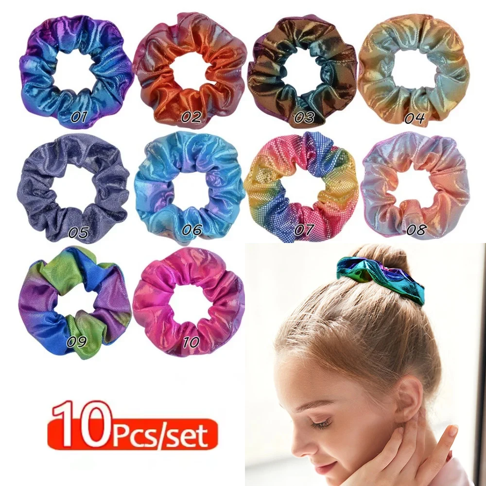 

10 Pcs Set of Laser Fabric Hair Rings With Gold Stamping and Dual Color Gradient Pig Large Intestine Ring Flower Heads