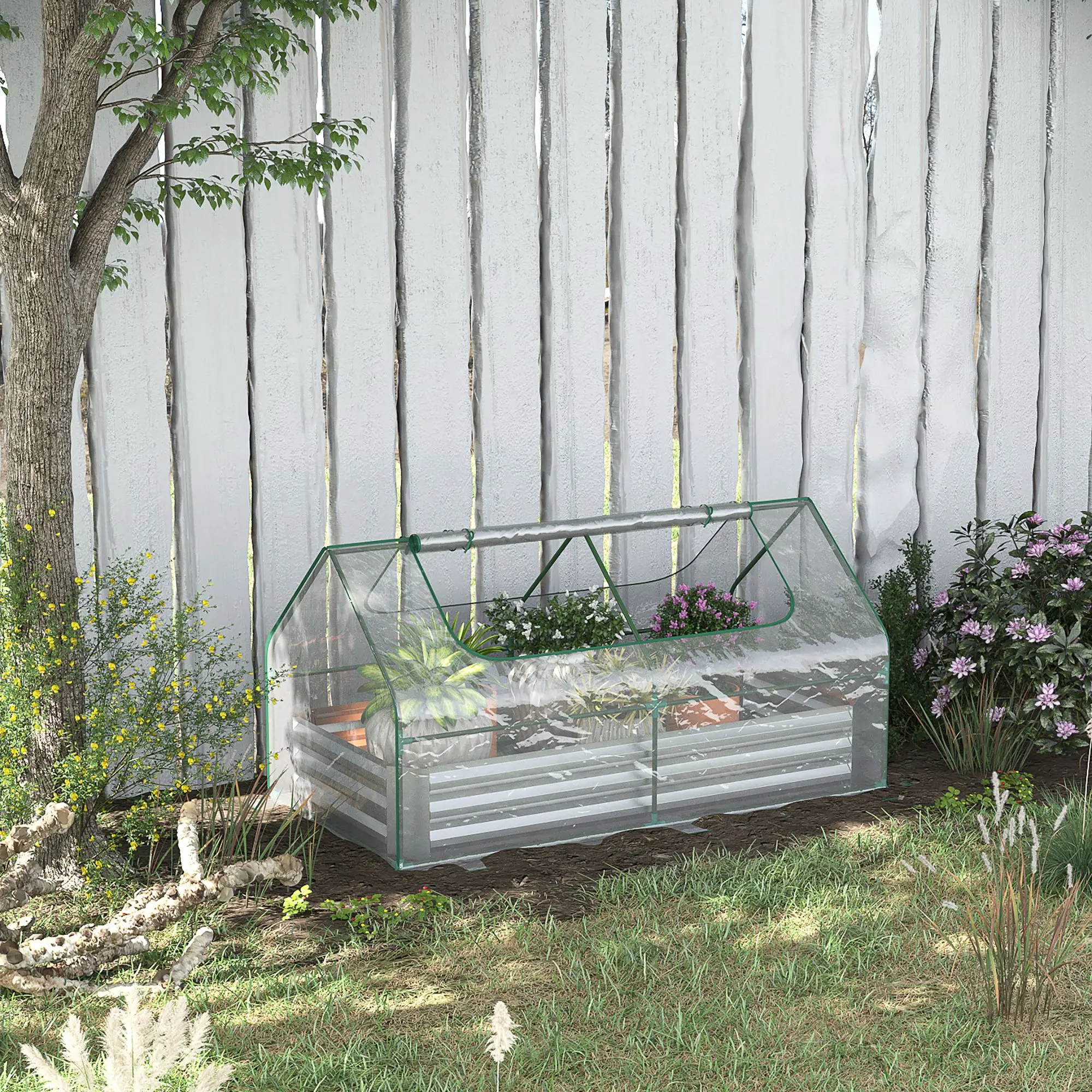 Steel Raised Garden Bed Planter Box Kit with Greenhouse, for Dual Use, Green