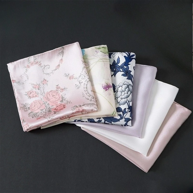 Silk Pocket Handkerchief Featuring Classical Flowers and Solid Color Handkerchiefs Made of 100% Natural Mulberry Silk