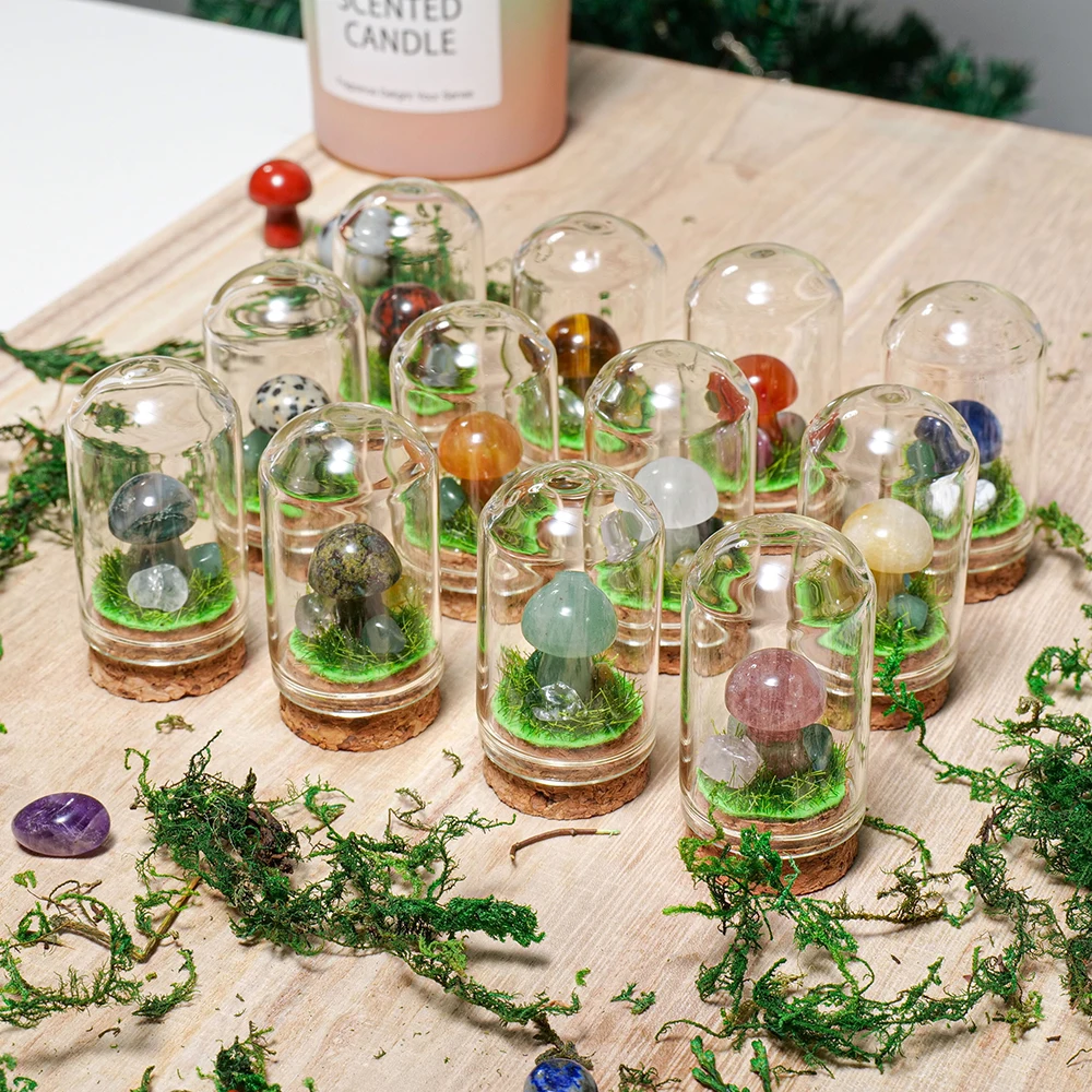 Decoración de micropaisaje de setas de piedra cruda de cristal Natural, botella de deriva de espécimen Mineral de cristal, artesanía decorativa para el hogar, 1 ud.