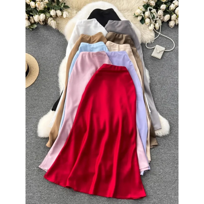 High Quality Royal Sister Wearing Satin Skirt Women High Waist Slim Midi Long Fishtail Skirts Korean Fashion Elegant Skirts