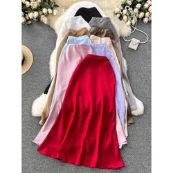 High Quality Royal Sister Wearing Satin Skirt Women High Waist Slim Midi Long Fishtail Skirts Korean Fashion Elegant Skirts