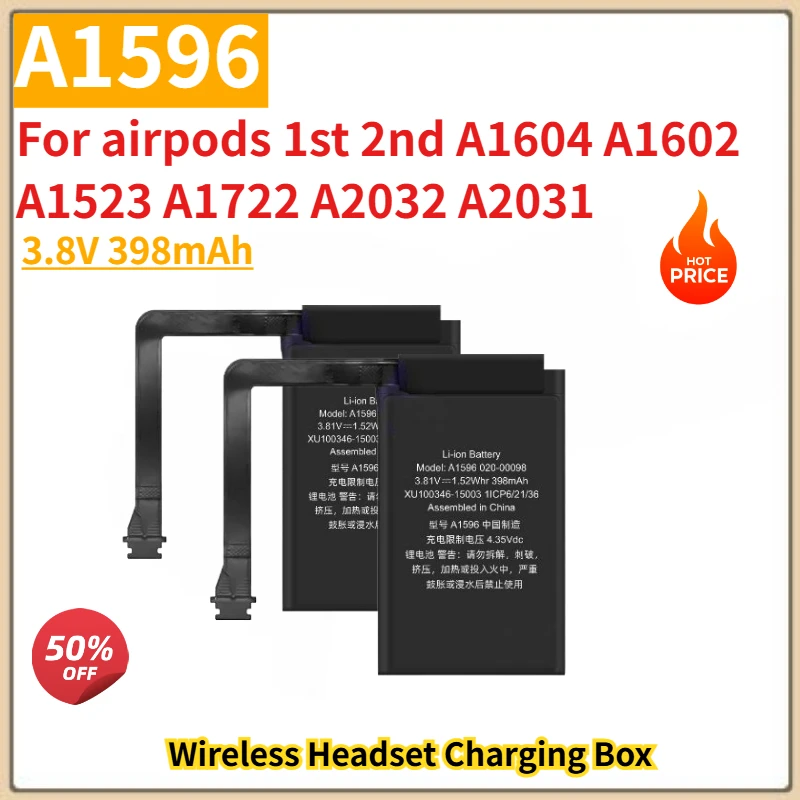 

2pcs A1596 Battery 3.8V 398mAh for Apple Airpods 1st 2nd A1523 A1722 A1604 A1602 Wireless Headset Charging Compartment Box