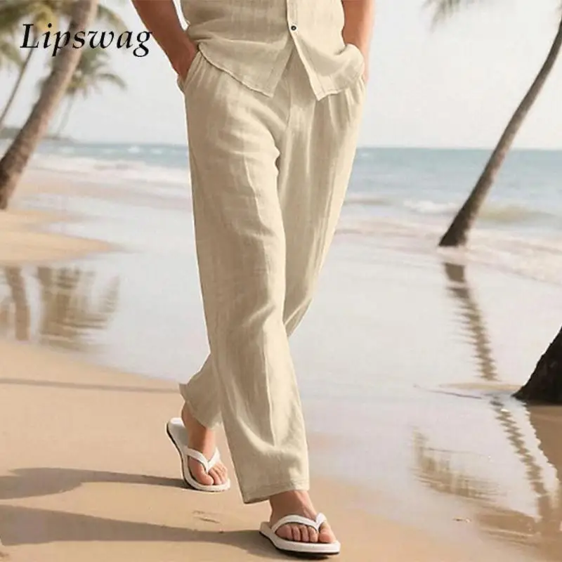 

Vintage Drawstring Straight Pants Men's 2025 Summer Vacation Casual Solid Color Trousers Fashion Loose Men Pants Seaside Beach
