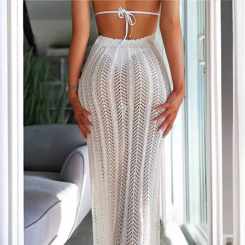 Hollow Out Crochet Knitted Summer Holiday Beach Maxi Dress Women Sexy V-neck Lace Up Halter Backless Swimwear Swimsuit Long Robe