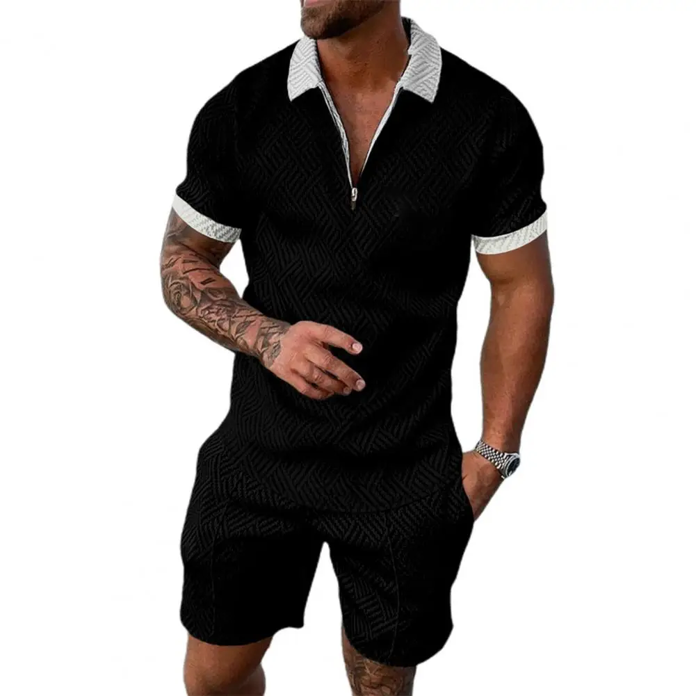 2 Pcs/Set Stylish Zipper Elastic Waist Men Shirt Trousers Set Zip Up Men Tops Shorts Set Turn-down Collar Daily Clothing