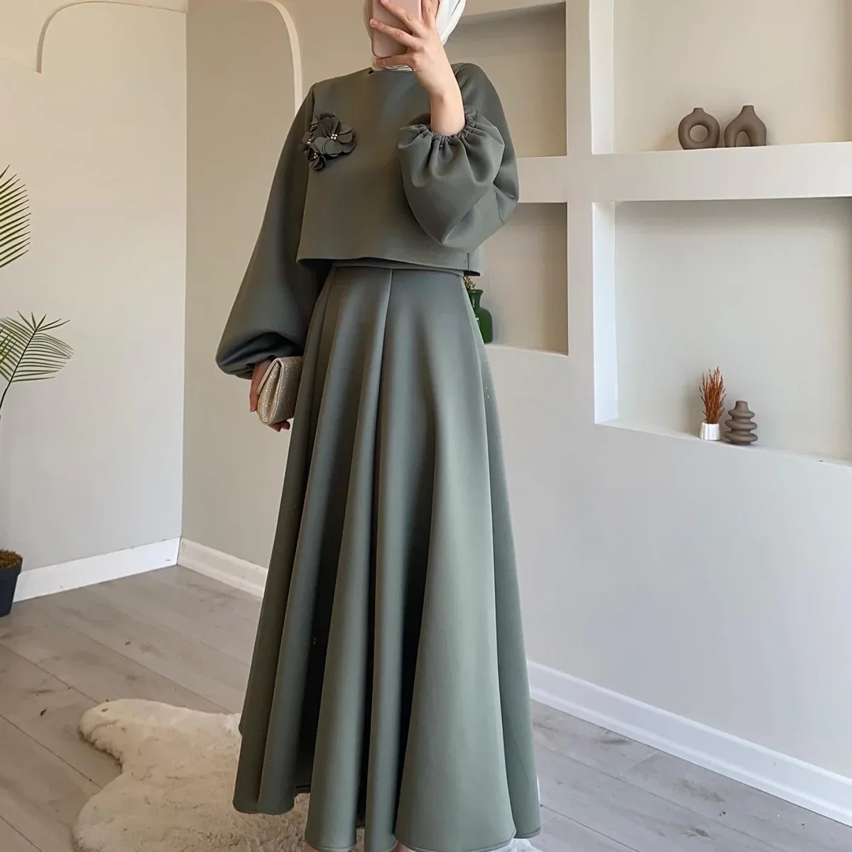 Lantern Sleeve Loose Two-piece Dress for Women Dubai Flower Muslim Set Spring Femme Muslim Dress Abaya Vestidos Turkey Kaftan