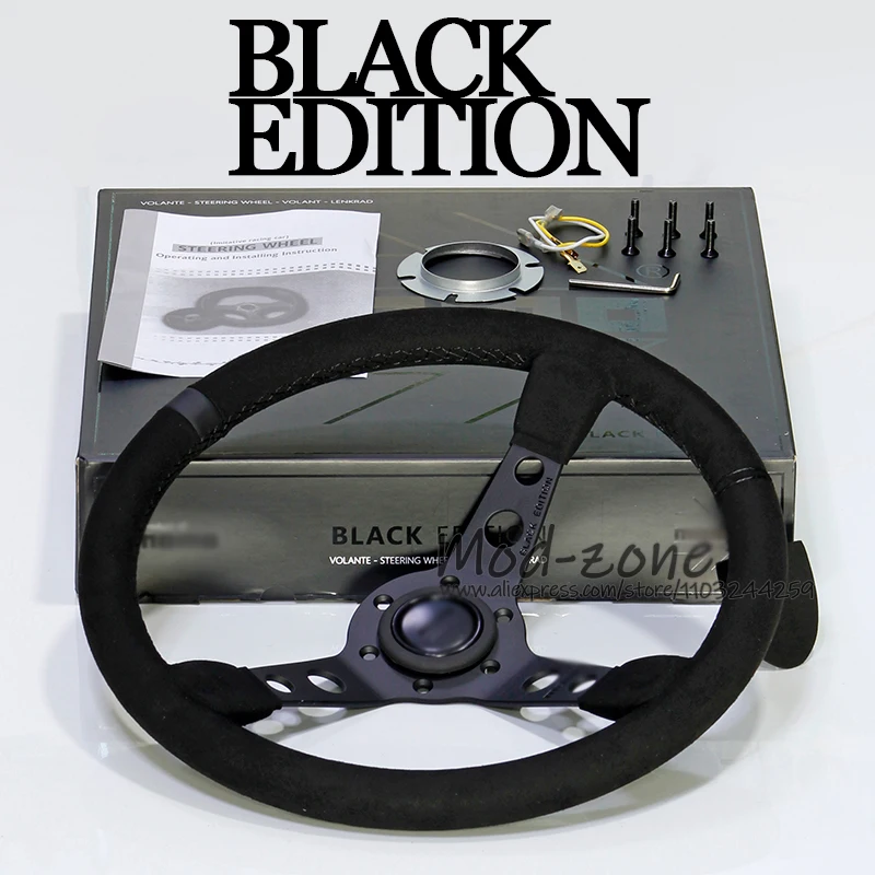 MOD07 Black Edition 14 Inch 350MM Deep Corn 75MM Deep Dish Suede Leather Sport Racing Steering Wheel