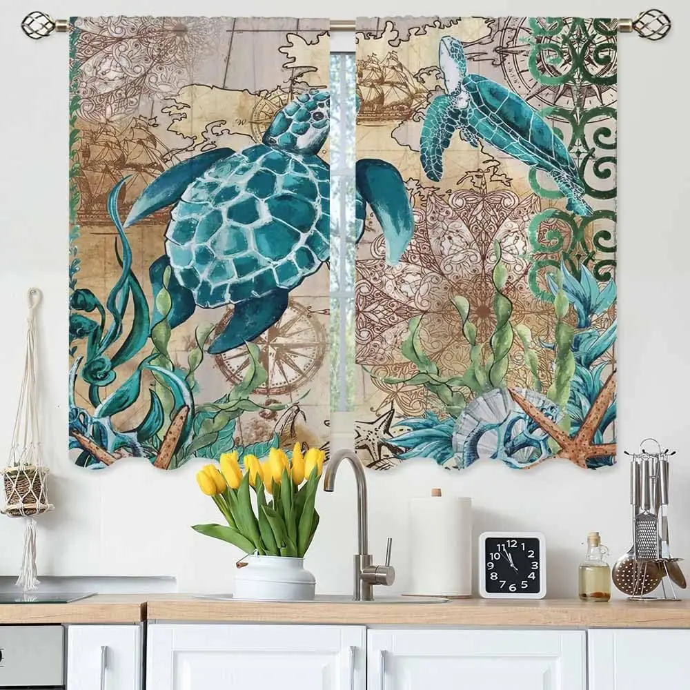 Sea Turtle Nautical Map Curtains Vintage Compass Print for Kitchen Window Coastal Decor