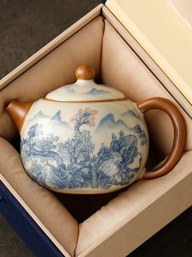 

Teapot set Ceramic Pure handmade blue and white porcelain Household single high-end desktop ornament with lid New Chinese style