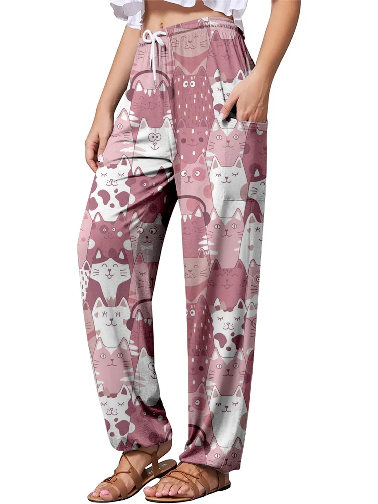 Bohemian PrintPants Summer Fall Ladies Bohemian Holiday Pants Casual Fashion Avant-garde Card Fashion Pants Cat Print