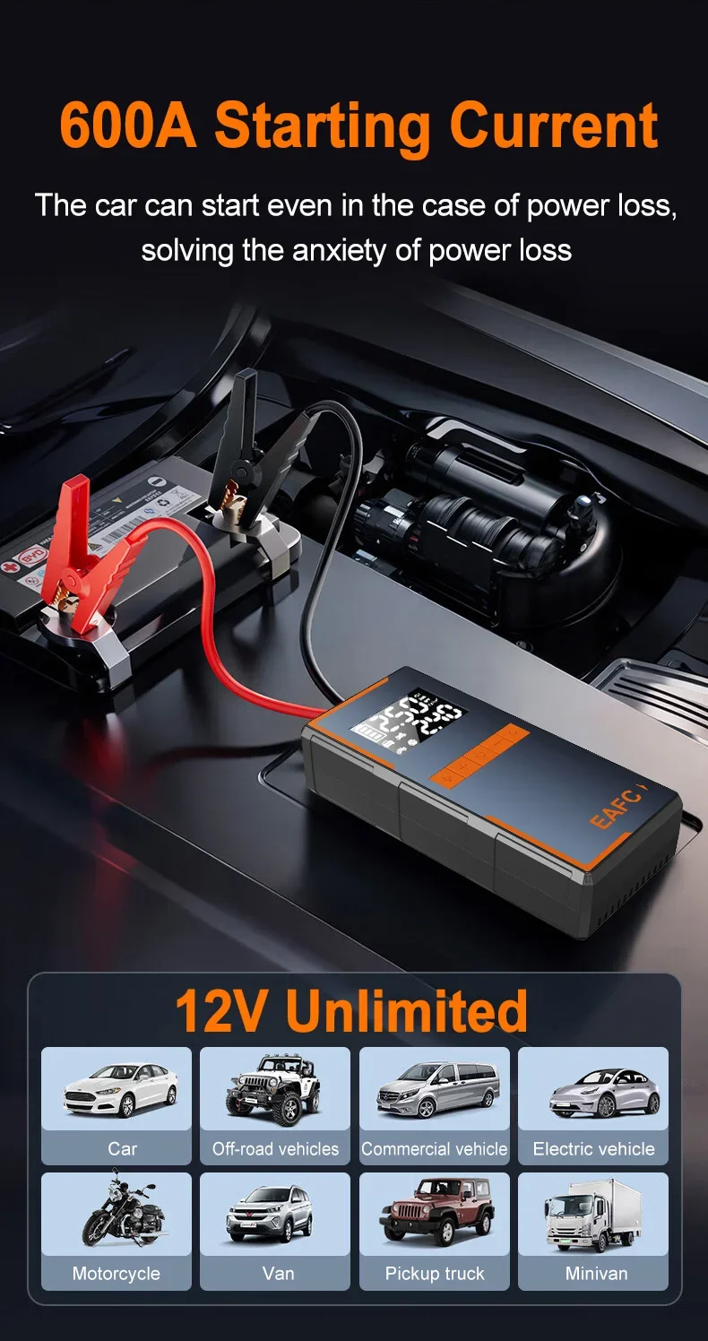EAFC 4-in-1 Auto-Notfall-Starthilfe 1000A-2000A Spitzenstrom 150PSI Luftpumpe Reifenfüller Powerbank Booster Multifunktionswerkzeug – Detail 4