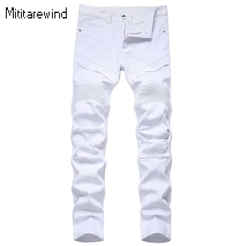 Jeans Putih Pria Gaya Eropa Celana Pria Sepeda Motor Empat Musim Jeans Lurus Desain Berlipat Fashion Remaja Y2k Pakaian Jalanan Pria