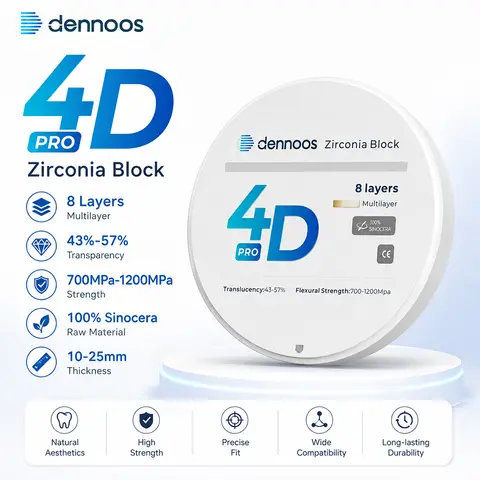 Dennoos 4D Pro Zirconia Block 8-Layer Dental Disc 98mm CAD/CAM System Material 10-25mmZirconia Disc for Dental Lab Restorations