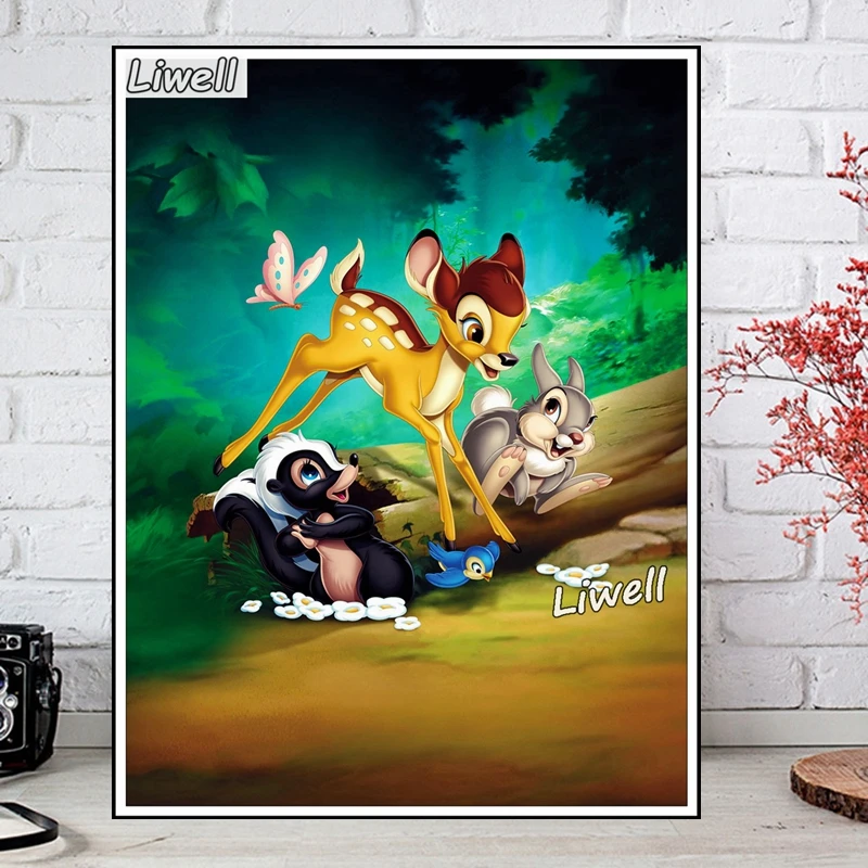 Disney Bambi Cartoon Diamond Painting Art Cute Fawn With Butterfly And Rabbits Scenery Mosaic Cross Stitch Kid's Gift Decor