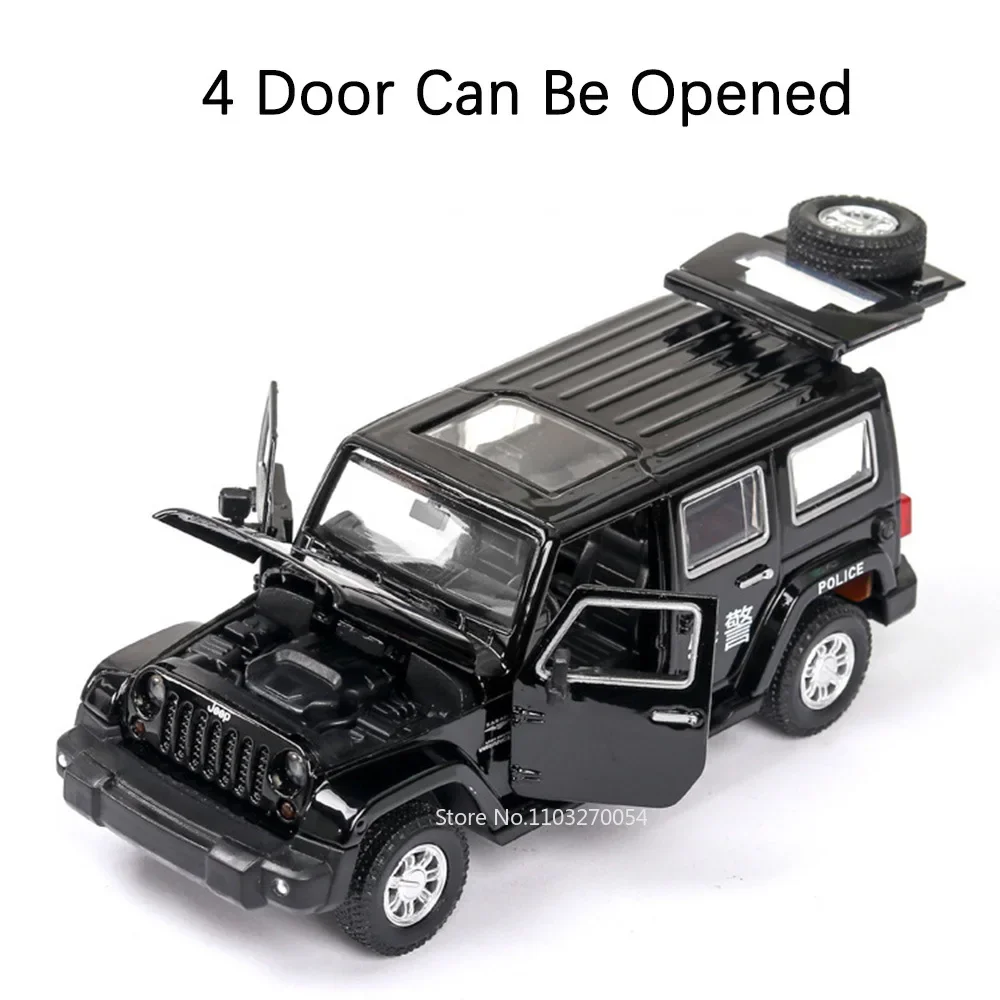 1:32 rubicon wrangler carros de polícia modelo brinquedo liga diecast portas abertas som luz puxar para trás metal corpo brinquedos modelos colecionáveis