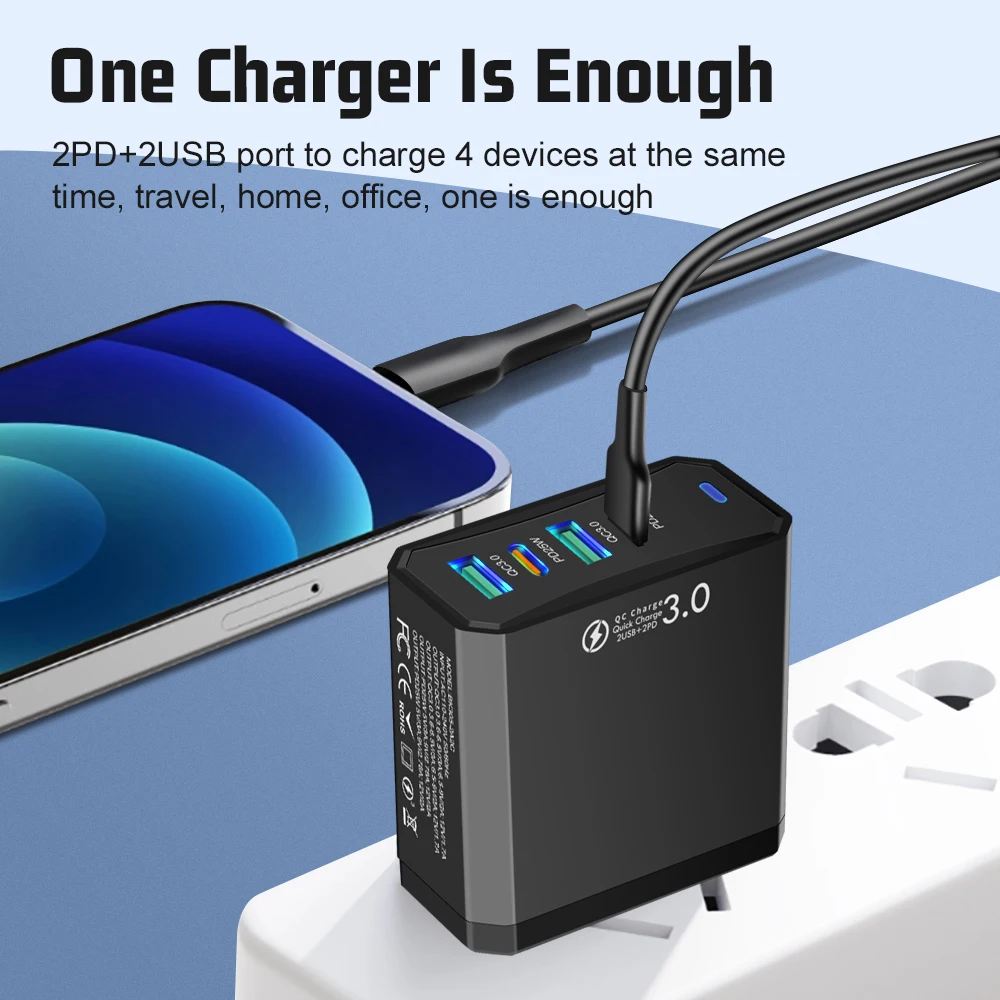 Total 100W 4 in 1 4 USB 2 Type C Quick Charging Fast Wall Charger For iPhone Samsung Xiaomi Huawei Oppo Mobile Phone Adapter