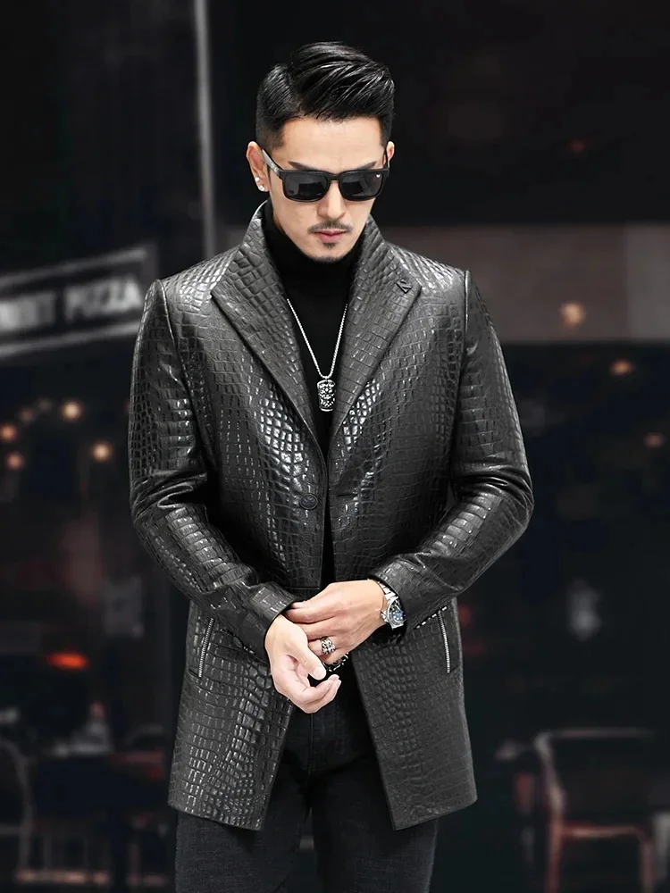 Neue Frühling Herren trend ige Krokodil Muster echte Schaffell Leder Anzug Mantel echte Blazer mittellange Jacke Männer