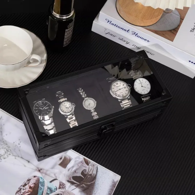 

Алюминиевый футляр для хранения часов, портативный органайзер для мужских классических часов, коробка на 5/10 слотов со стеклянной крышкой, кейс для хранения часов