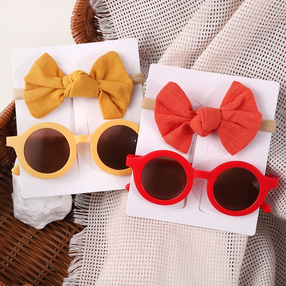 2Pcs/Pack Vintage Kids Summer Bows Headband Round Sunglasses Children Sun Glasses Protection Glasses Baby Hair Accessories