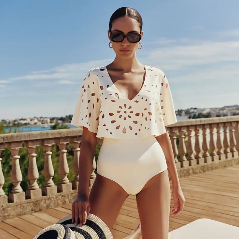 Cikini Solid-Colour Laser-Cut High-End Swimsuit Set Summer Beach Swimwear Bathing Suit For Women