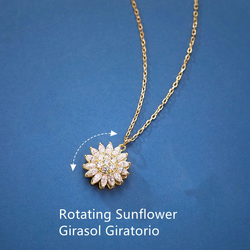 Rotating Sunflower Pendant Necklace For Women White Gold Color Thick Plated Sweater Chain Fashion Jewelry for Female