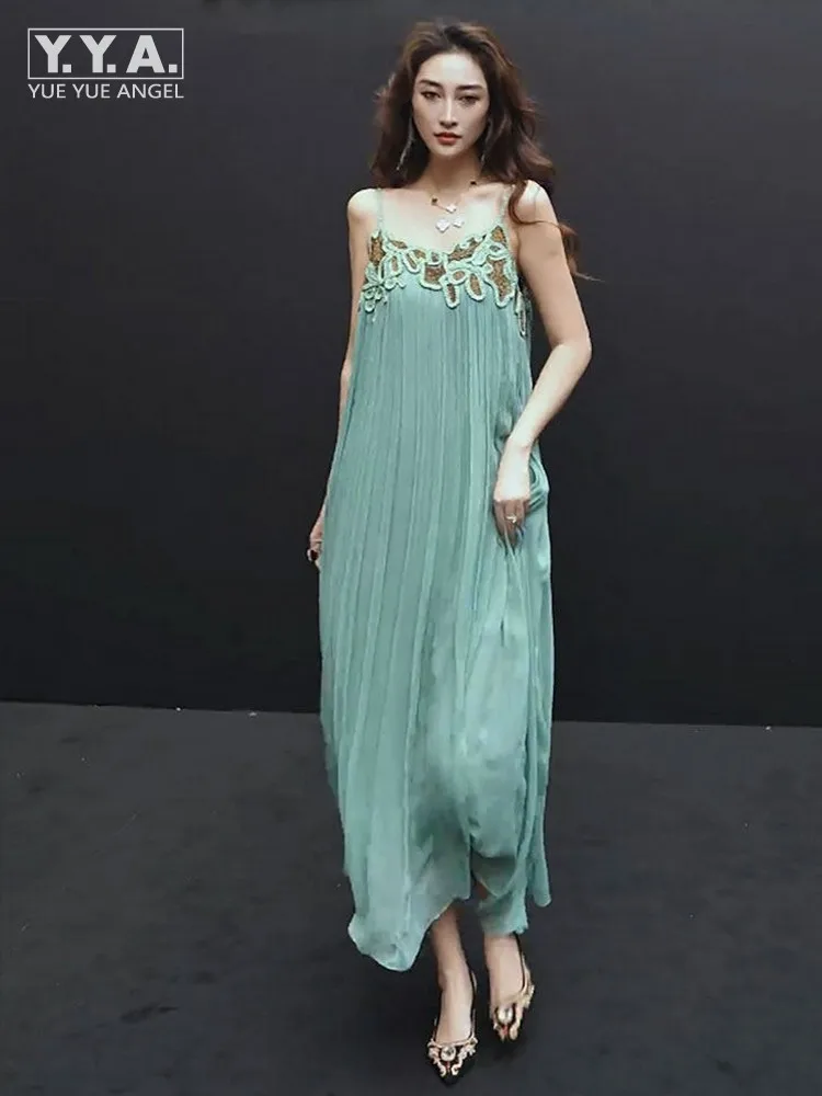 

Новое летнее женское платье в корейском стиле, элегантное свободное платье с бретельками на плечах, с вышивкой и пэчворком, без рукавов, с открытой спиной, длиной до щиколотки