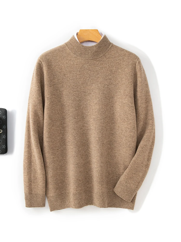 

Роскошный мужской утепленный свитер из 100% мериносовой шерсти, пуловер с полувысоким воротником, однотонный вязаный кашемировый топ, осенне-зимняя одежда