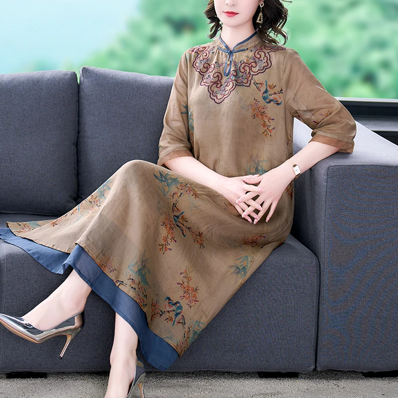 2023 Autumn New Women\'s Silk Cotton Hemp Short Sleeve Dress Flower Embroidered Long Slim Dress Loose Size Knee Length Robe