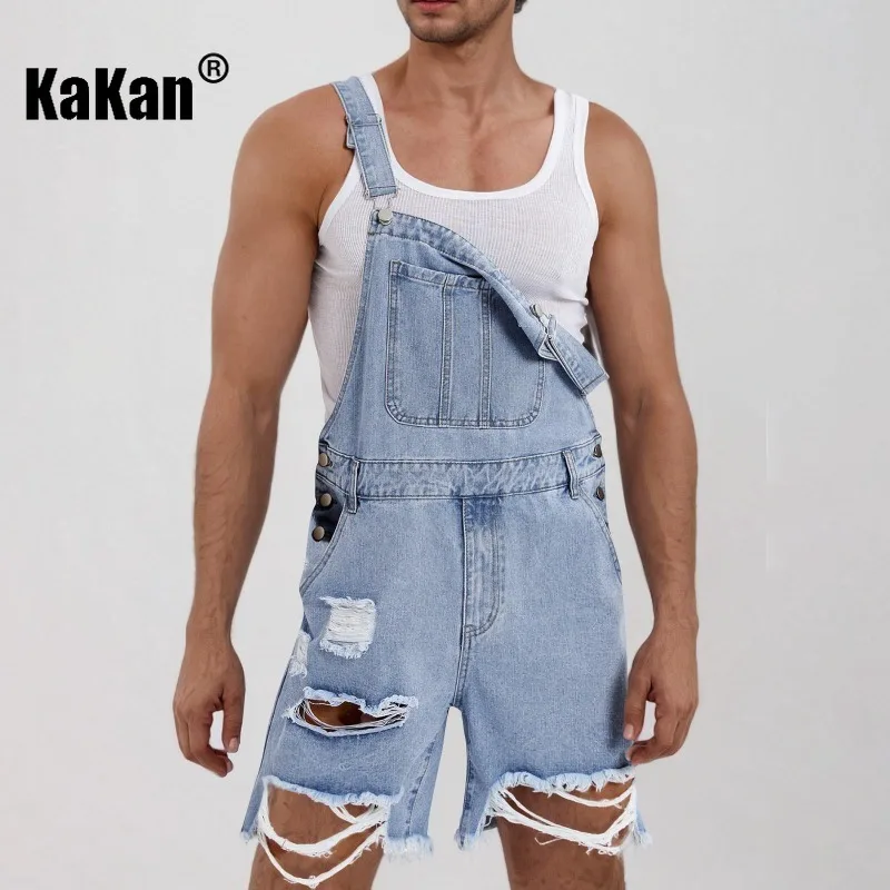 Kakan - European and American Casual Fashion Ripped Jeans, Men's Shoulder Strap Short Jeans Five Quarter Pants