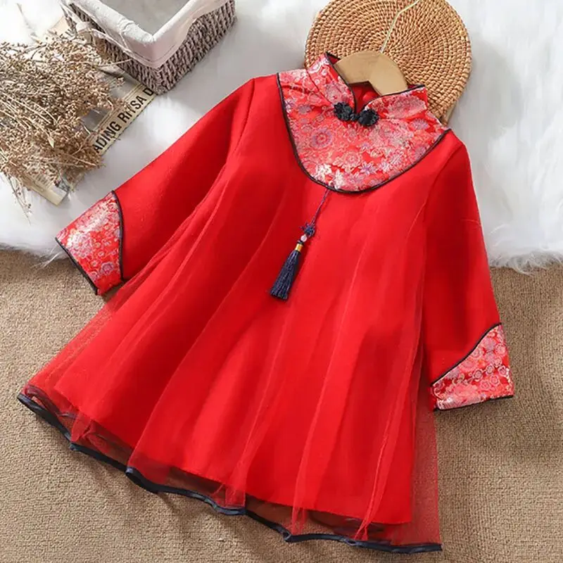 Girls' Cheongsam Dress Winter 2026 New Style Children's Woolen Tang Style National Style Red New Year's Dress