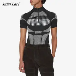 Stylish Mens Slim Basic T Shirts Summer Fashion Graphic Printed Short Sleeve Tees Men Casual Stand Collar Zipper Skinny T-shirt