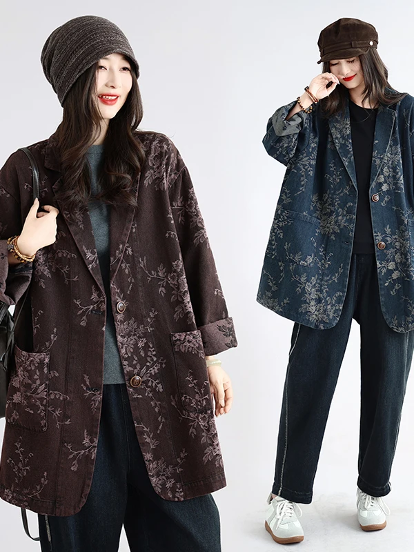 Womens Washed Print Long Sleeve Denim Jacket Spring Autumn Casual Fashion Artistic Brand New Style Female Outerwear Coat