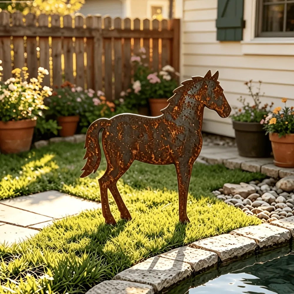 2D Flat Rusty Metal Horse Garden Ground Decoration Retro Rust Iron Horse Silhouette Ground Decoration Art Decoration Plug-in