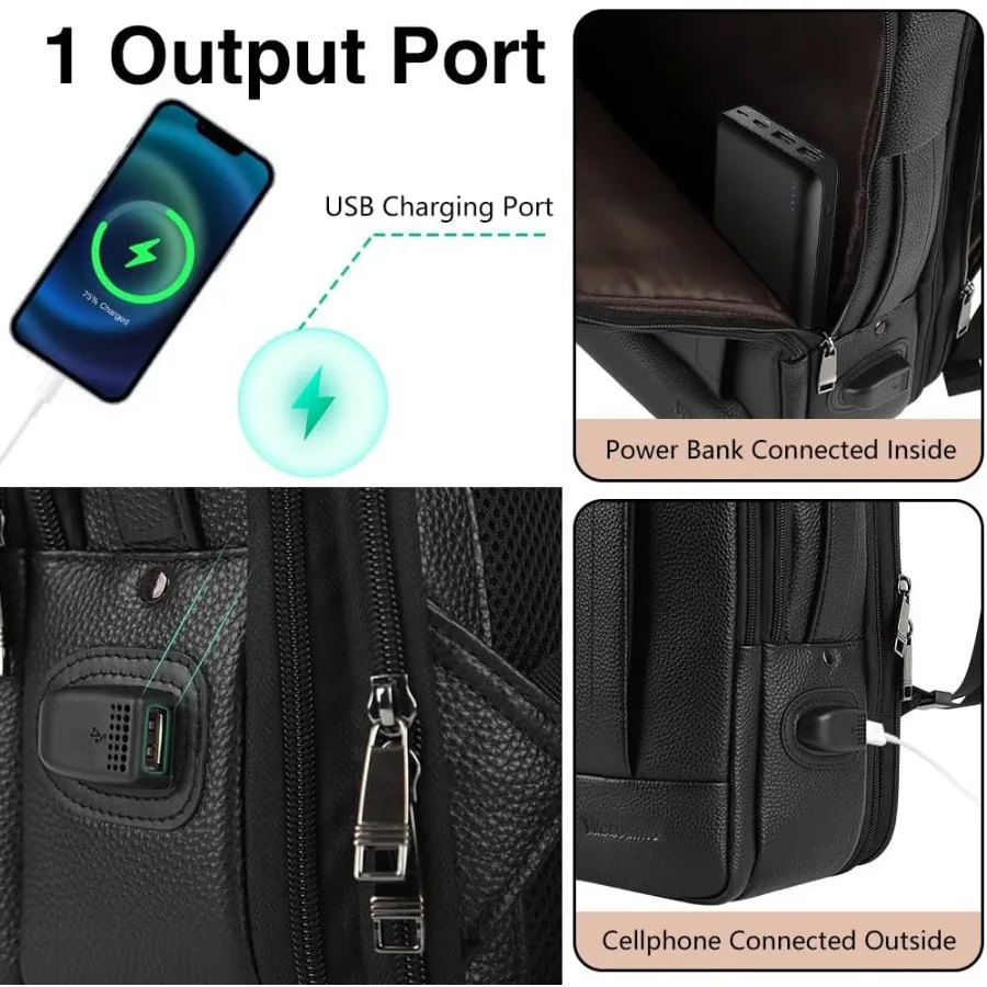 Ransel Kulit Asli Full Grain untuk Pria Multi-Fungsi Ransel Laptop 15.6 inci dengan Pengisian Daya USB Hitam Konvertibel untuk Bisnis