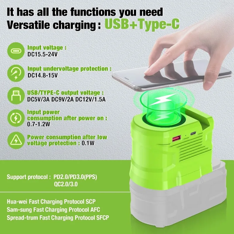 Phone Wireless Charger Adapter for Ryobi 18V Battery with USB Type C Port Mobile phone power bank Portable Charging Station